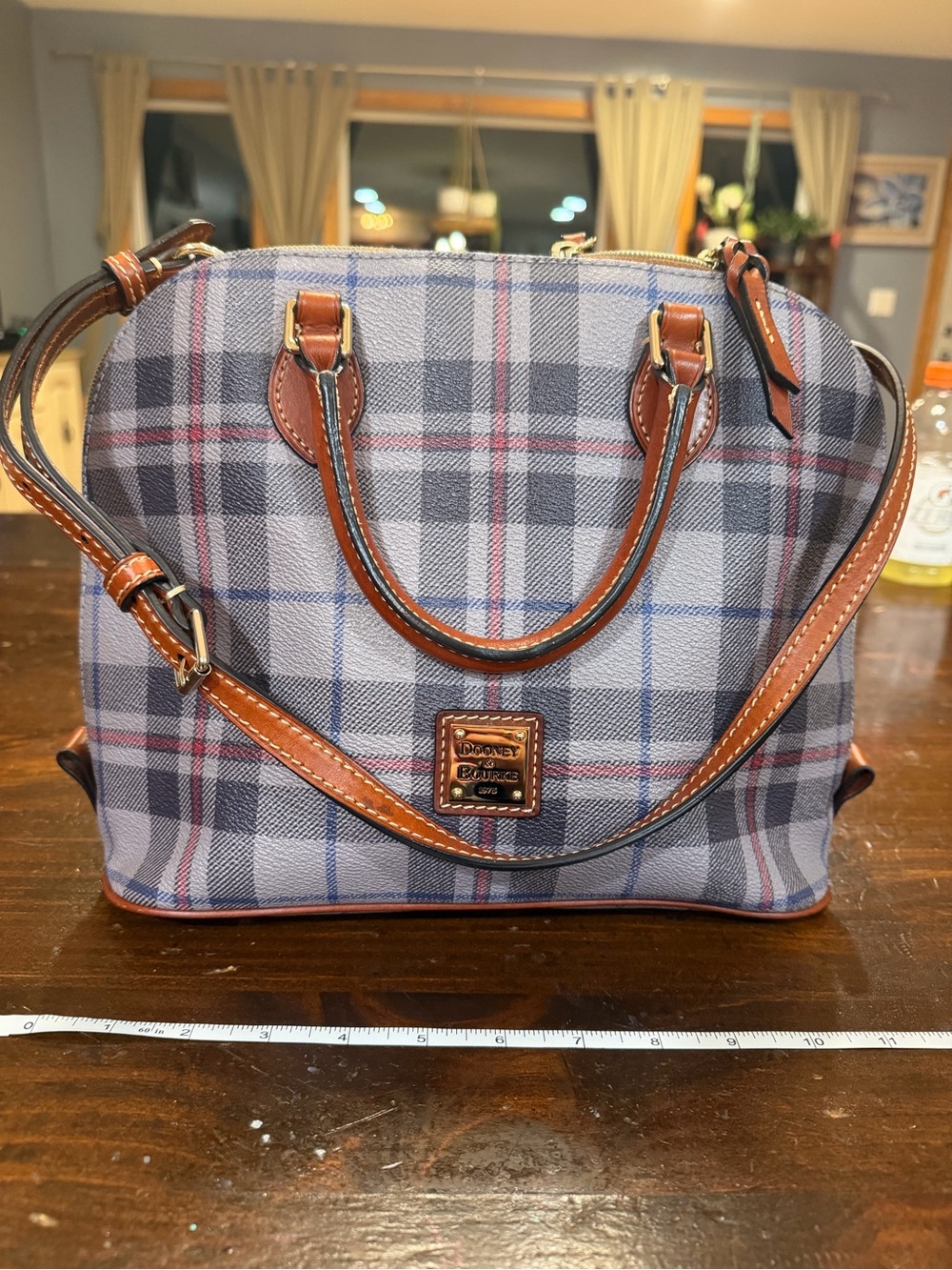 Dooney & Bourke Gray and Blue Plaid Satchel with Brown Leather Trim
